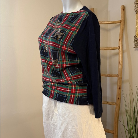 Talbots Sweater Size M Merino Wool Christmas Plaid Rhinestone Dog Womens - Picture 4 of 6